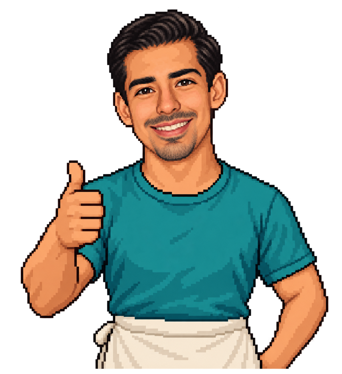 Encargado en pixel art con camiseta verde, pelo peinado hacia atrás y vello facial ligero