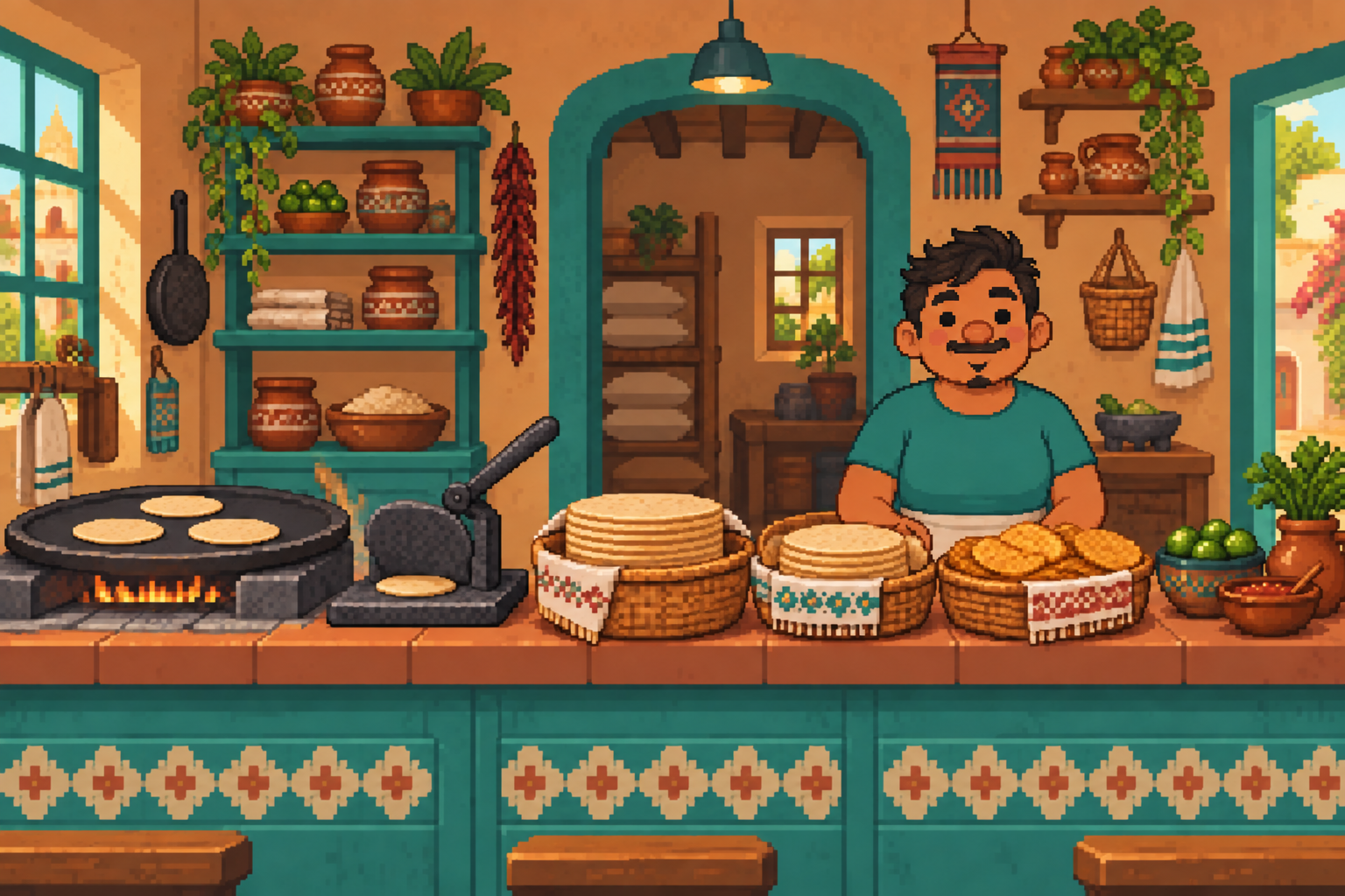Tortillería de píxeles con comal, canastas y un encargado ficticio de pelo corto y bigote con camiseta verde atendiendo el mostrador